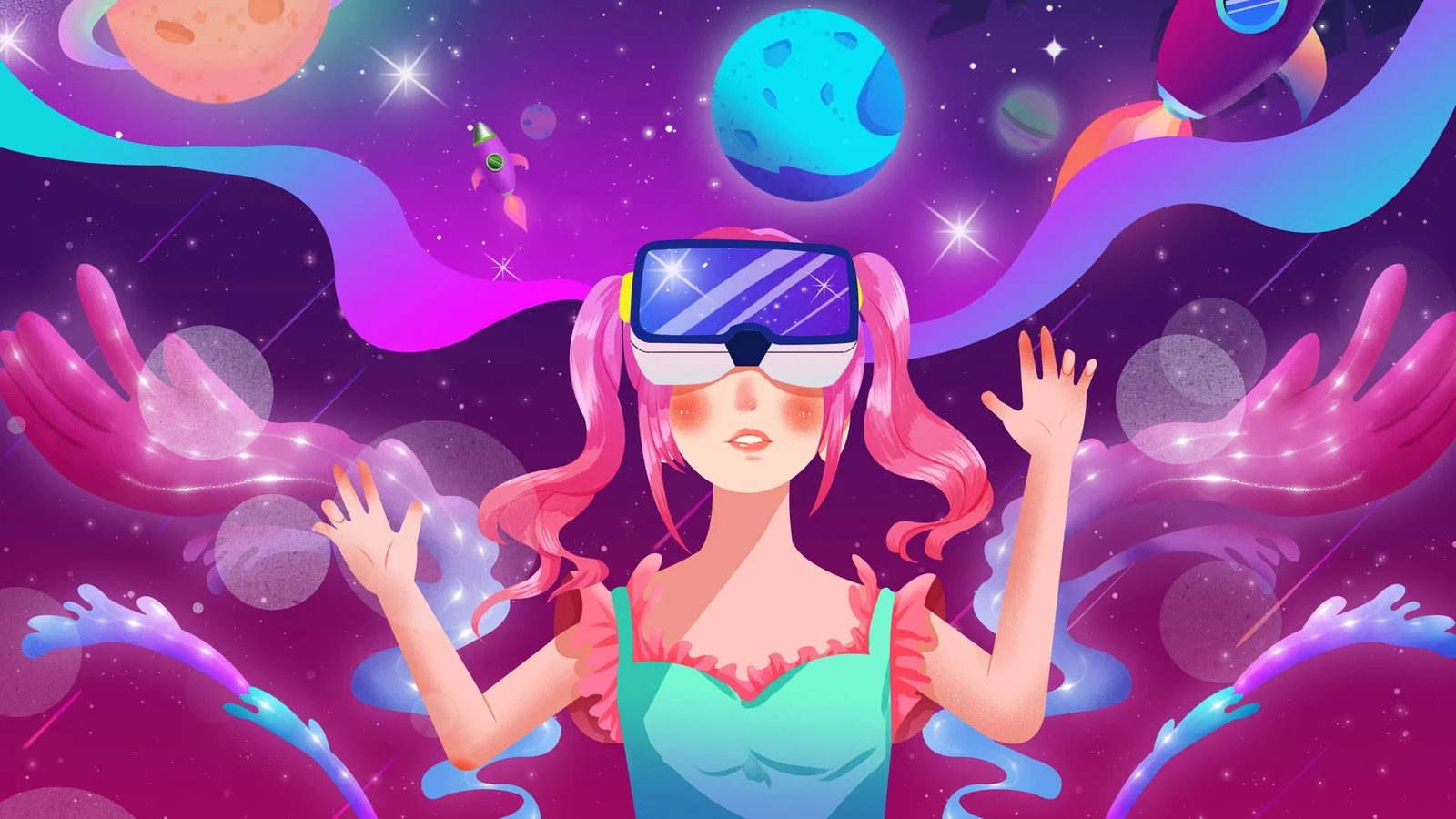一名戴着虚拟现实头显的动漫风格女性置身于充满行星、星星和彩色光带的奇幻宇宙中。