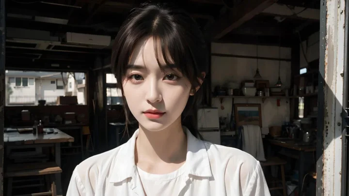 一名成年女子站在光线明暗交错的旧屋门前，面向镜头。