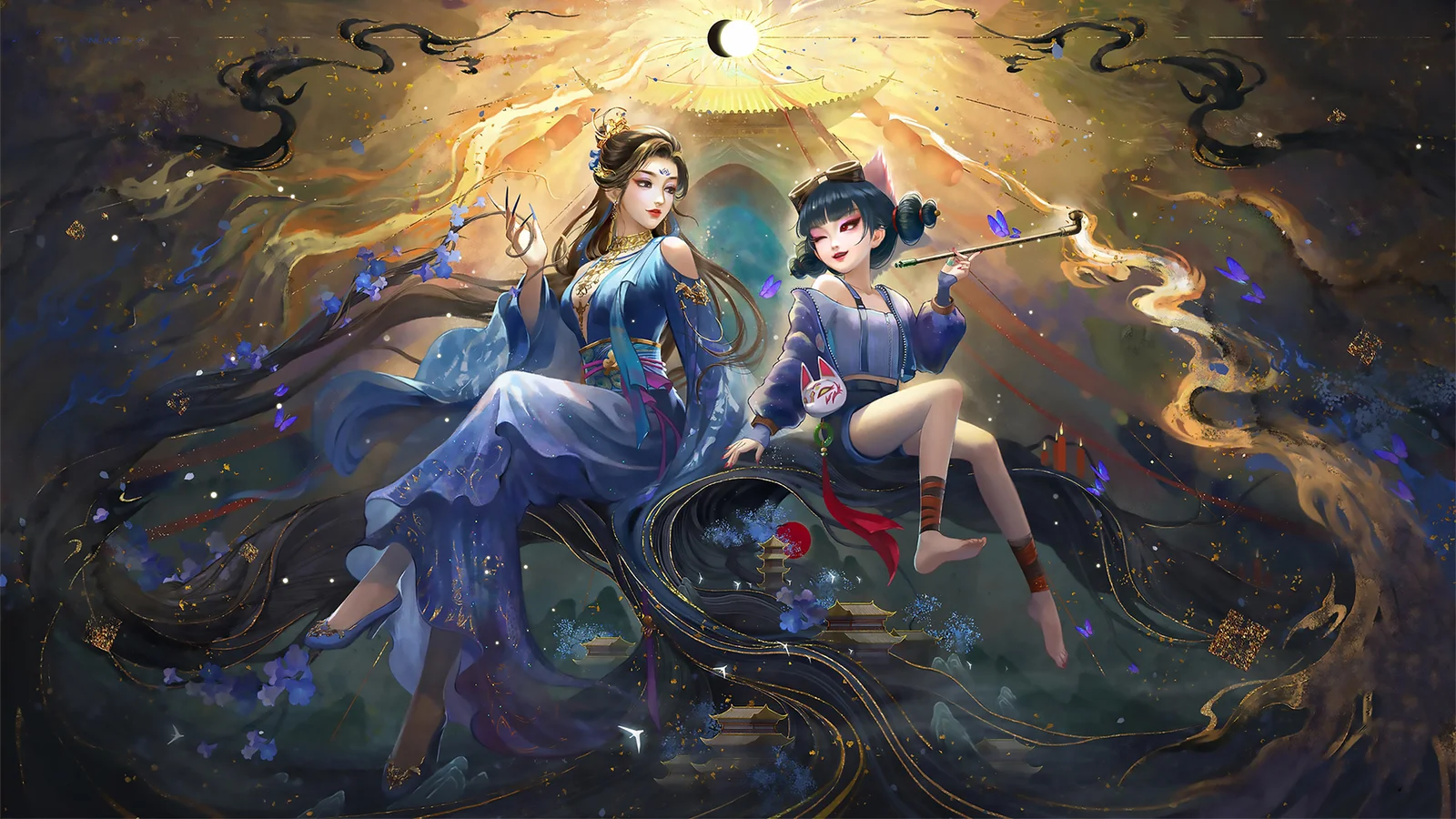 画面描绘两位身着古风服饰的动漫女性坐在月光与金色水墨背景前。