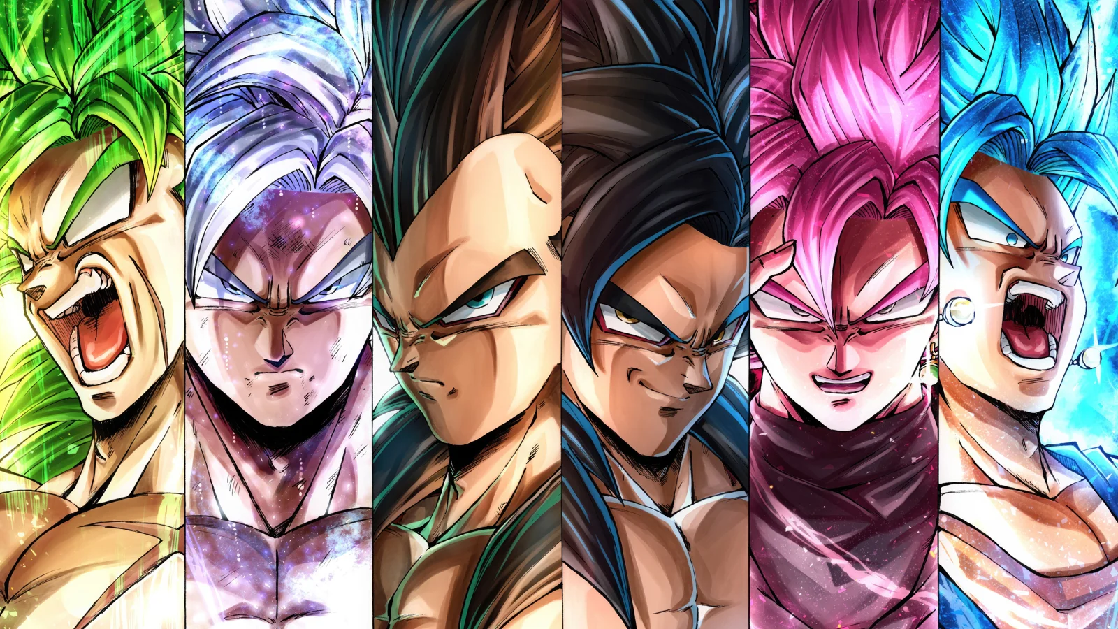 鮮やかな逆立った髪型のアニメ風男性キャラクター6人の顔が、縦長のパネル状に並んでいます。