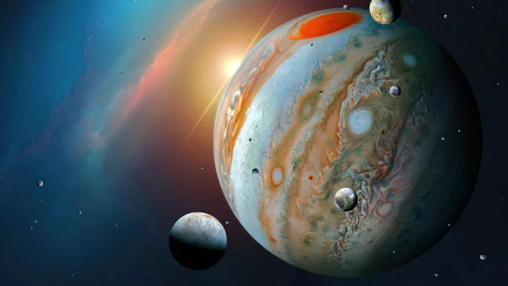 一颗巨大的条纹行星与数颗卫星漂浮在繁星与彩色星云背景中。