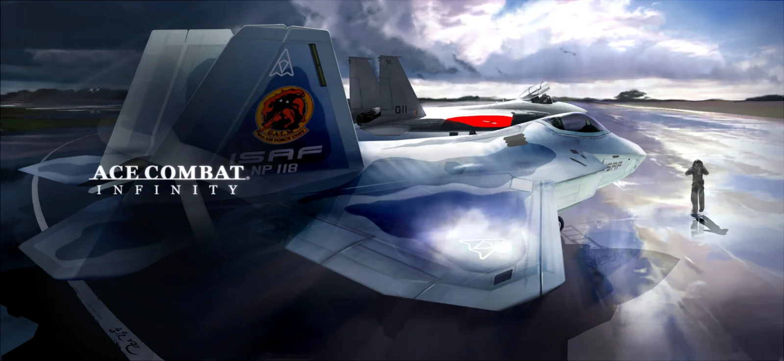 미래적인 전투기 한 대가 반사되는 표면 위에 놓여 있고 극적인 구름과 밝은 하늘이 배경을 이룬다.