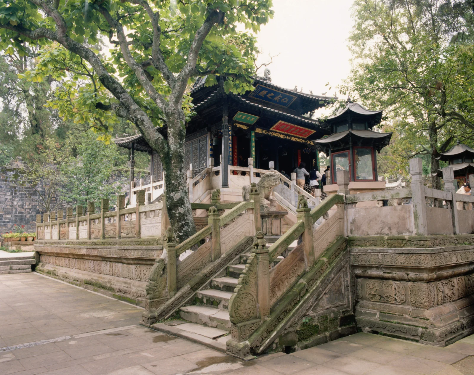 古朴的寺庙建筑、亭子和石阶掩映在树木之间。