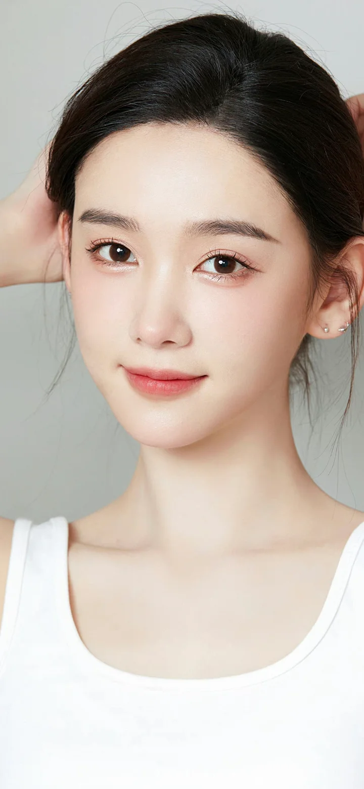 一位成年女性身穿白色背心，在浅灰色背景前面向镜头微笑。
