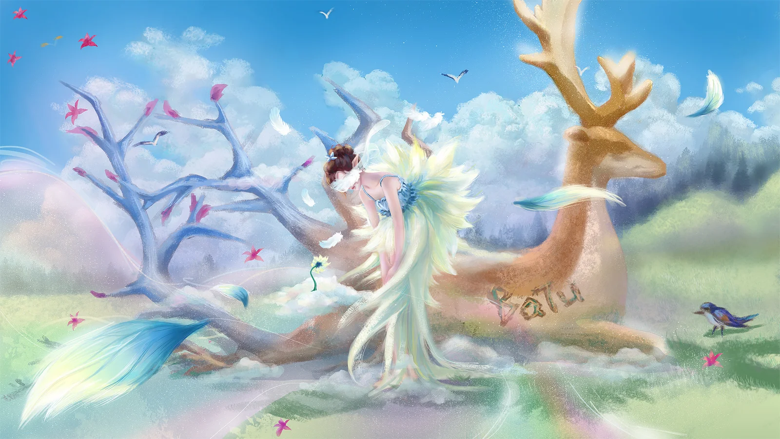 鹿、長い髪の人物、花の咲く木々、鳥が描かれた明るく幻想的なイラストです。