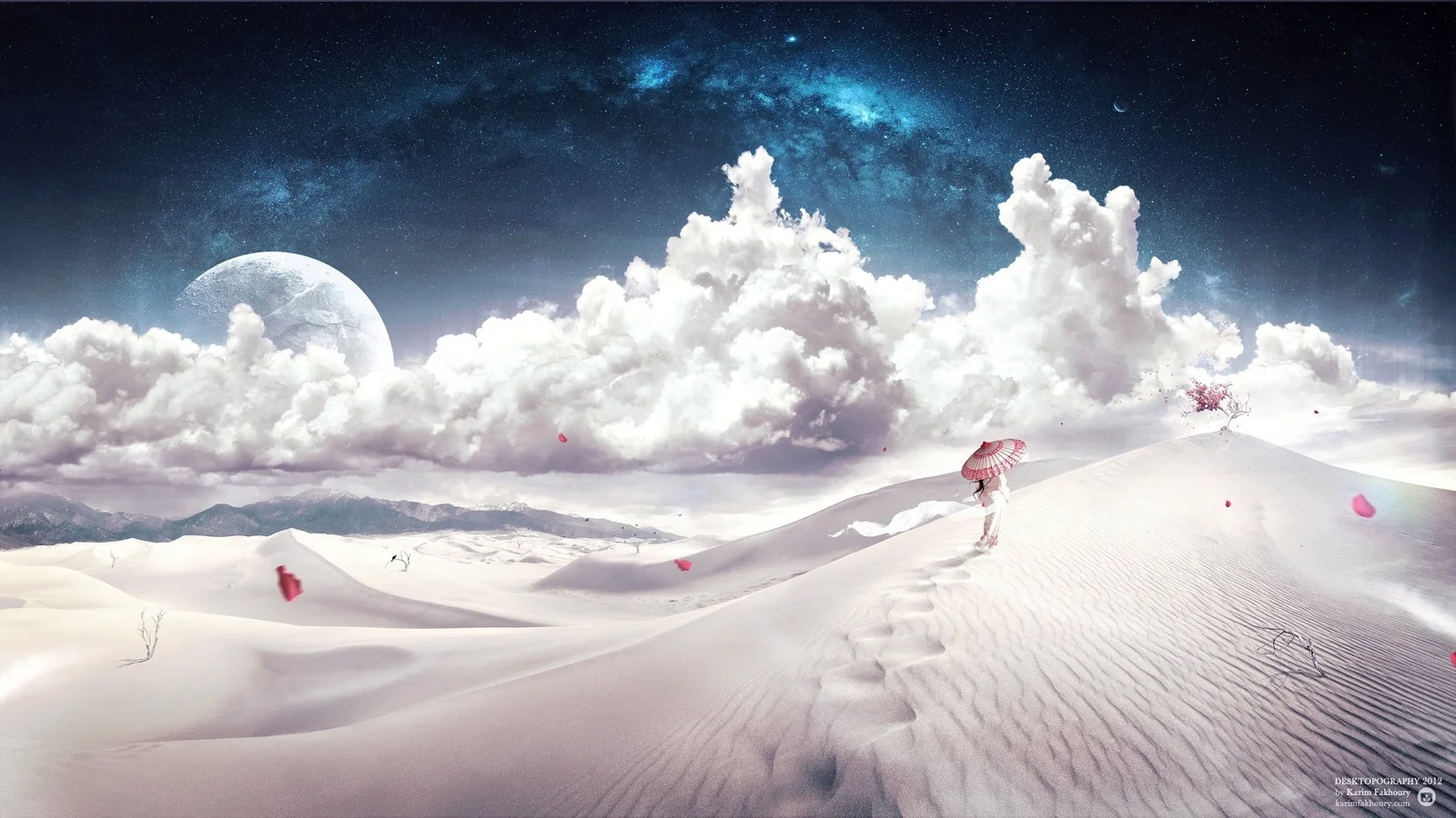 巨大的月亮悬在星空与银河下方，照亮了广阔的白色雪丘。