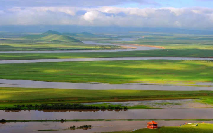 广阔的绿色湿地间分布着蜿蜒河流、远处丘陵和低云天空。