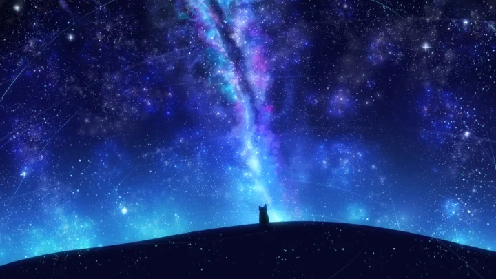 深蓝色夜空中布满繁星，一道明亮的银河延伸至地平线，前景是黑色山脊剪影。