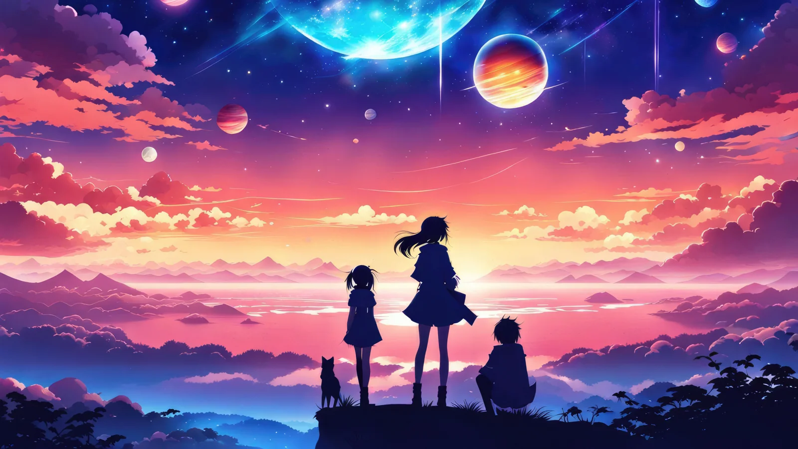 绚丽的星空、行星、云层与远山映衬着山崖上的人物剪影。