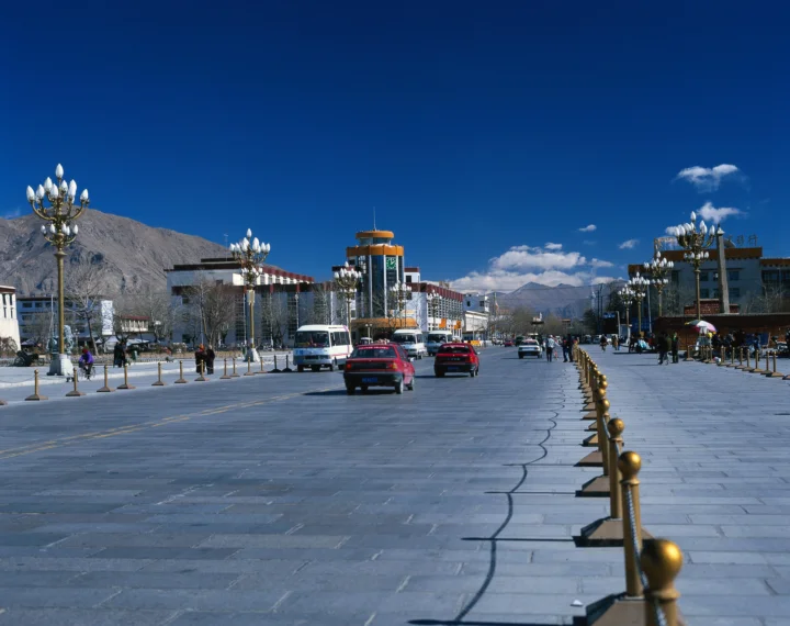 宽阔的城市街道延伸至远处的雪山，街道两侧分布着建筑、华丽路灯和车辆。