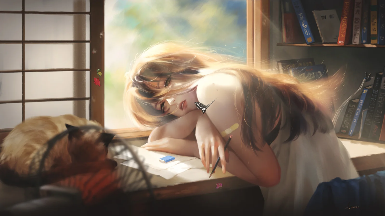 アニメ風の女性が窓際の机に伏し、近くに猫と本棚が描かれています。
