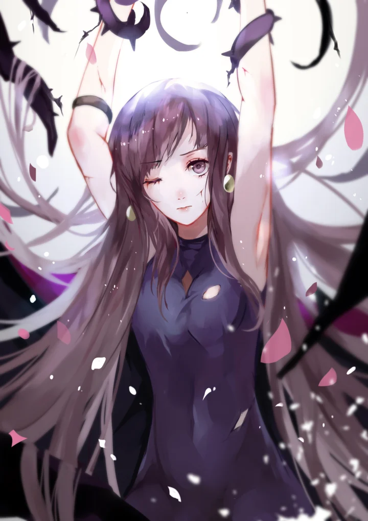紫色の長い髪のアニメ女性が、舞い落ちる花びらの中で両腕を上げている。