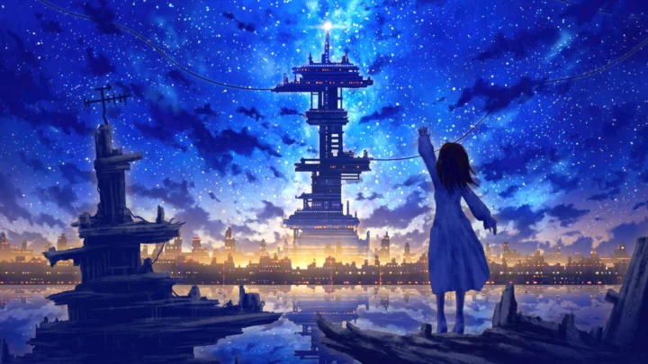 夜空下的高塔、城市天际线与水面倒影构成一幅蓝色调的动漫风格画面。
