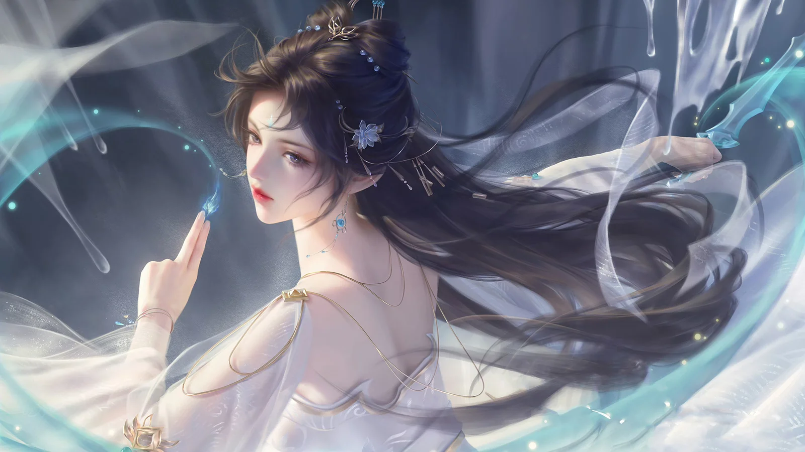 画面展示一名长发动漫女性，发间佩戴饰物，周围环绕着飘动的半透明织物与蓝白色光影。