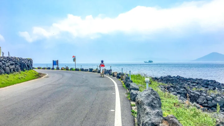 岩の海岸沿いに道路が伸び、遠くに穏やかな海と青空、白い雲が広がっている。