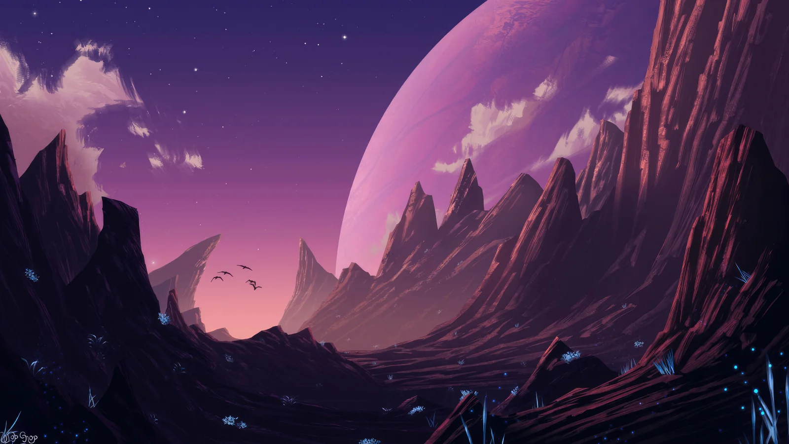 紫色星球悬挂在星空下的崎岖异星山谷上方。