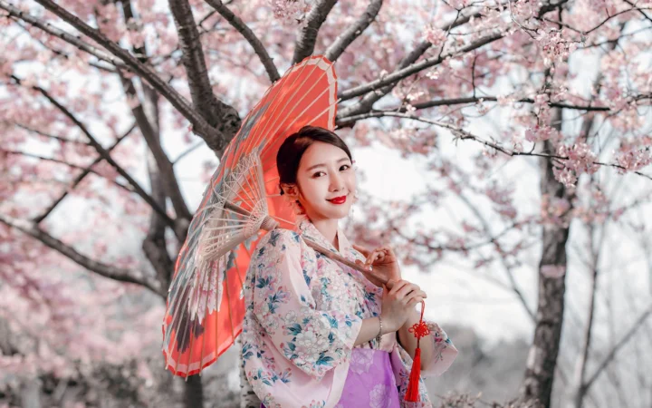 一位身穿花卉服饰的成年女性在樱花树下撑着红色油纸伞。