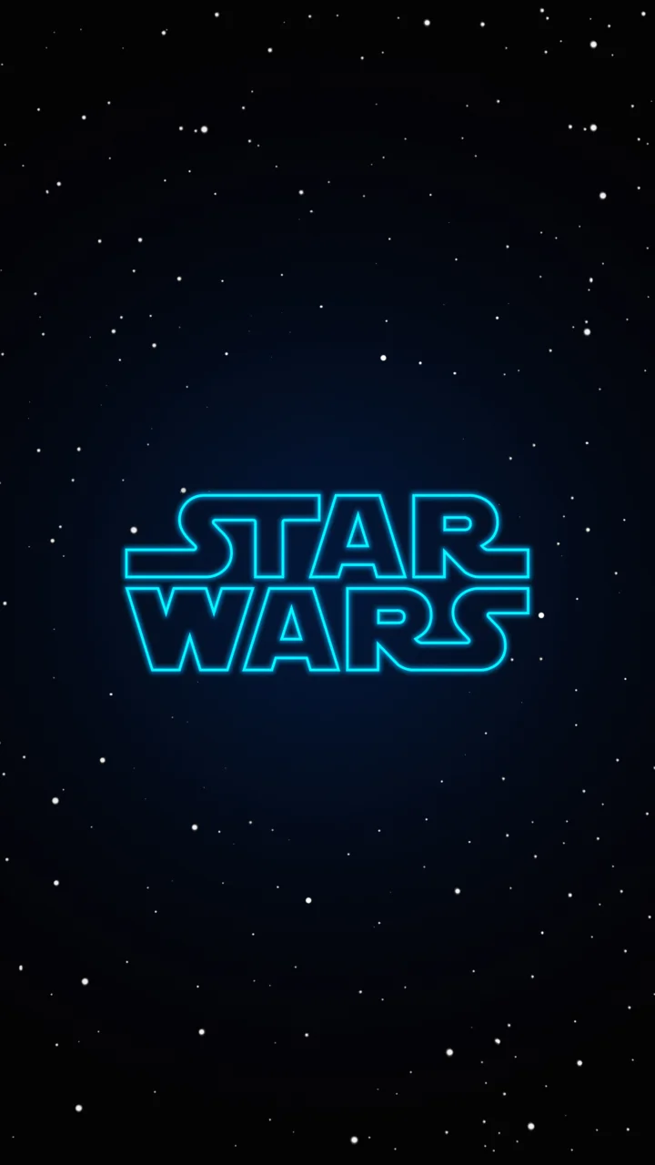 深色星空背景中央呈现蓝色发光的“STAR WARS”标志。
