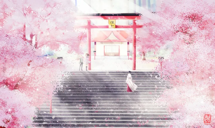 粉色樱花环绕着一座红色鸟居和通往神社的长阶梯，呈现明亮的动漫插画风格。