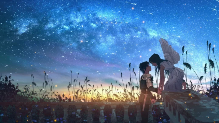 蓝色星空、银河与地平线映照着田野中的两名插画翼人。
