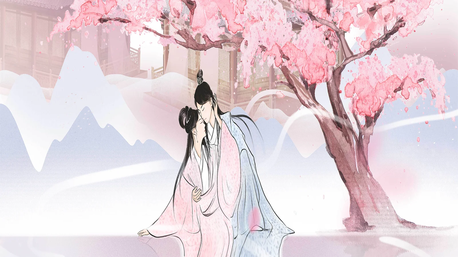 옅은 산과 건물을 배경으로 고풍스러운 긴 옷을 입은 두 인물이 분홍색 꽃나무 아래 서 있는 일러스트입니다.