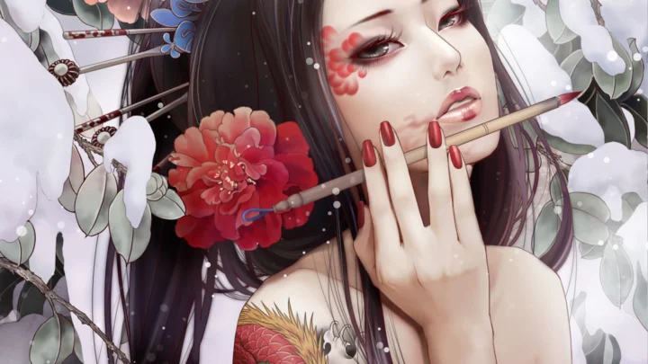 画面展示一位手持花扇、簪着发饰的动漫女性，周围点缀着牡丹和白色花卉。