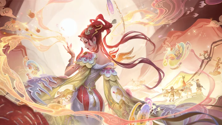 一名身着华丽彩绘服饰的女子站在明亮的幻想风格画面中央，周围环绕着流动的彩色装饰元素。